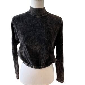 Cloth & Stone Anthropologie Cropped Velour High Neck Top Stonewash Black S